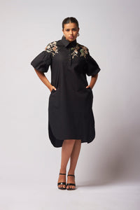 Hand Embroidred black high low shirt dress
