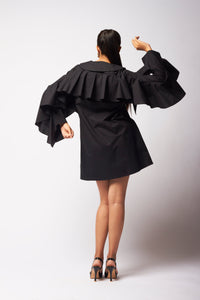 Hand embroidred ruffle sleeves black shirt dress