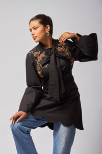 Hand embroidred bell sleeves, knotted collar black  dress