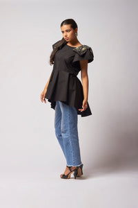 Hand embroidred butterfly sleeves, black peplum top