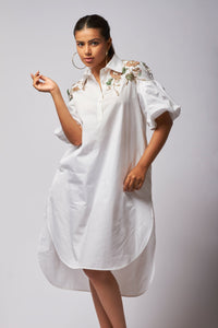 Hand Embroidred white high low shirt dress