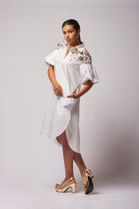 Hand Embroidred white high low shirt dress