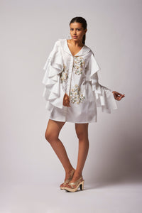 Hand embroidred ruffle sleeves white shirt dress