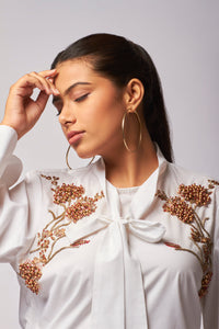 Hand embroidred bell sleeves, knotted collar white  dress