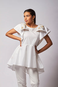 Hand embroidred butterfly sleeves, white peplum top