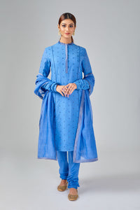 Blue Sherwani Style Kurta With Churidaar & Dupatta