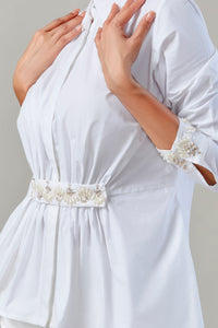 White Embroidered Waistline Shirt