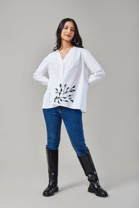 White  Embroidered V Neck Overlap Shirt
