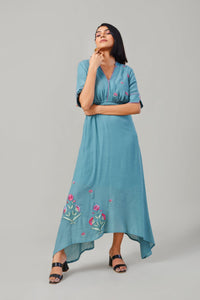 Teal Embroidered Uneven Long Dress
