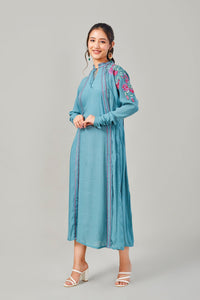 Teal Embroidered Uneven Long Dress