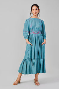 Teal embroidered long dress with detachable embroidery belt