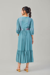 Teal embroidered long dress with detachable embroidery belt