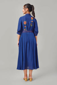 Indigo Blue Embroidered Long Dress-Ek Dhaaga
