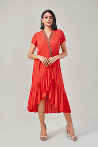 Uneven Red Embroidered Midi Dress Ek Dhaaga