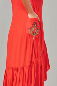 Uneven Red Embroidered Midi Dress Ek Dhaaga